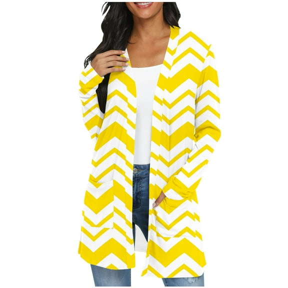 Uootdi Women's Chevron Print Cardigan Open Front Long Sleeve Pockets Casual Loose Fit Lightweight Fall Fashion Outerwear Trendy Striped Knit Sweater Yellow Women Top