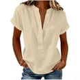 thumbnail image 3 of Craaazy Women's Relaxed Fit V Neck Blouse, Solid Color Short Sleeve Linen Cotton Tops, Comfy Casual Shirt for Summer Gifts, 3 of 6
