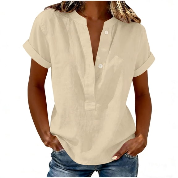 Sevevn Women's Casual Linen Button Down Shirts V Neck Rolled Short Sleeve Blouses Loose Fit Comfy Tunic Tops Beige 2XL