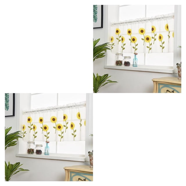 Cateissary Girasol Medias cortinas Poliéster Sala de estar Cortina corta Cenefa Balcón Cortinas Pantalla floral Decoración del hogar 0.8x0.5m 2Conjunto