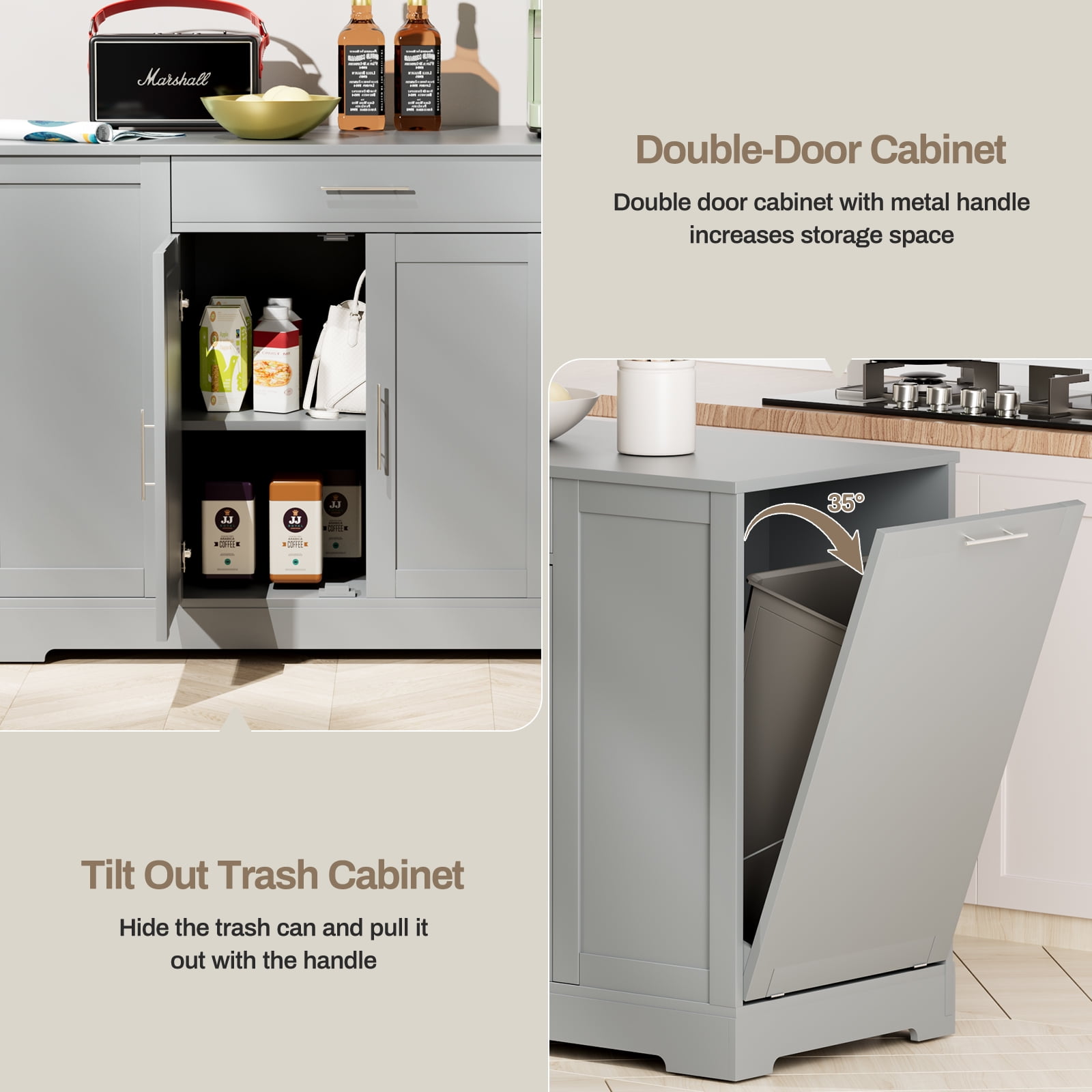 Pirecart 53" Kitchen Island with Trash Can Storage, Kitchen Island Storage with Drawer, Open Shelves, Gray