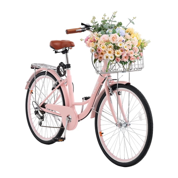 VEVOR Cruiser Bike, 7-Speed, 26-Inch Pink Beach Cruiser Bike with Large Capacity Basket and Rear Rack, Secure & Sturdy Cruiser Bike with Adjustable Seat, Fits for Cycling, Exercise & Shopping