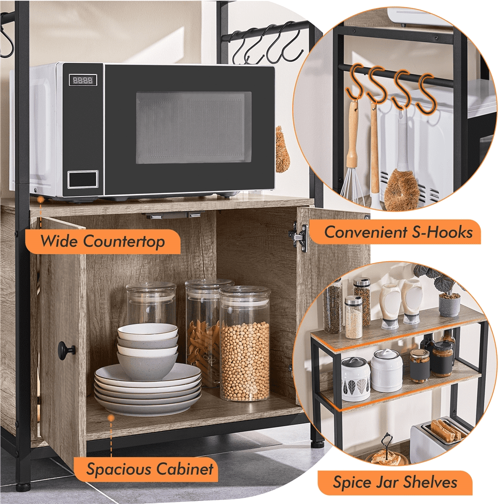 Alden Design Wooden Kitchen Baker's Rack Utility Storage Shelf Unit Microwave Stand, Gray