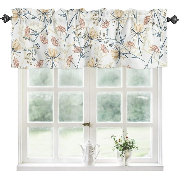 Kitchen Curtain Valance, Spring Flower Print Leaves Minimalist Art Short Rod Pocket Window Curtain for Bedroom, Bathroom, 1 Panel, 54" W x 18" L