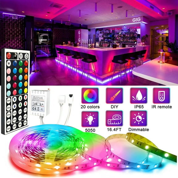 16.4ft 5M Waterproof Flexible Strip 300leds Color Changing RGB SMD3528 LED Light Strip Kit RGB 5M  44Key Remote 12V Power Supply