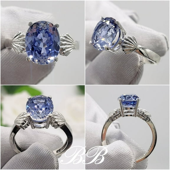 10x8mm Lab Created Ceylon Blue Sapphire, Oval Cut, SeaShell Ocean Themed Ring, Sterling Silver,
