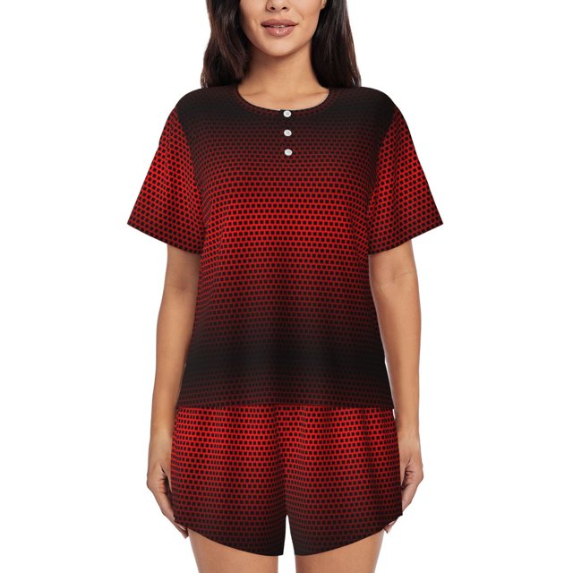 Fotbe Red Geometric Conjunto de Pijama Estampado para Mujer, 2 Piezas, Ropa de Dormir con Camiseta de Manga Corta y Shorts Suaves-Small