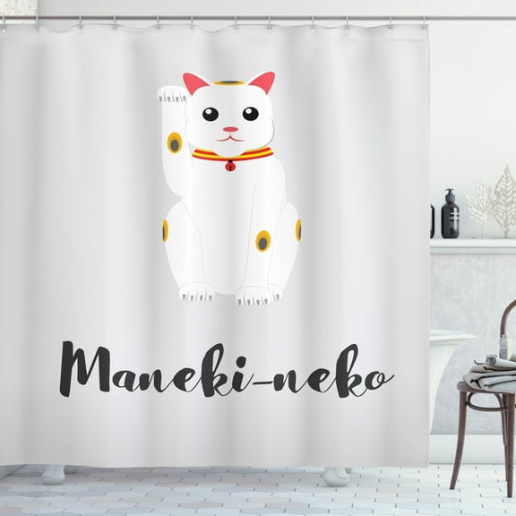 Ambesonne Japanese Cat Shower Curtain, Success Cat Neko, 69"Wx84"L, White Coconut