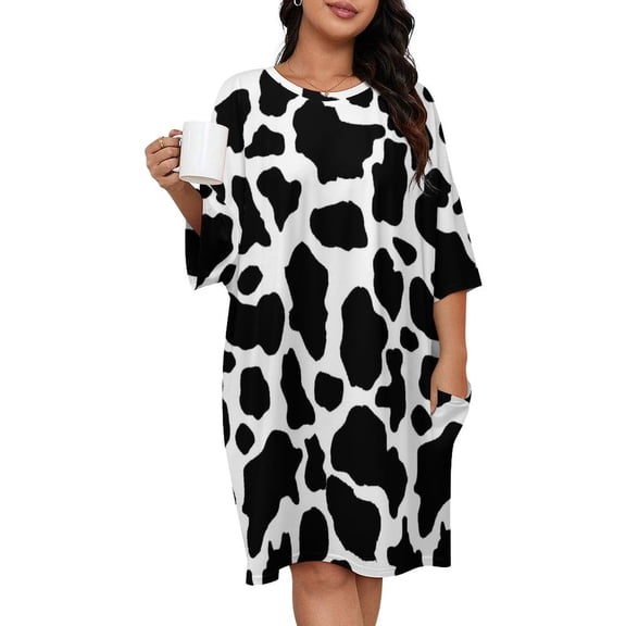 Cow Print black White Sleepshirts For Sleeping Travels Loose Sleepdress Pajama Dress Soft Nightdress Sleepwear