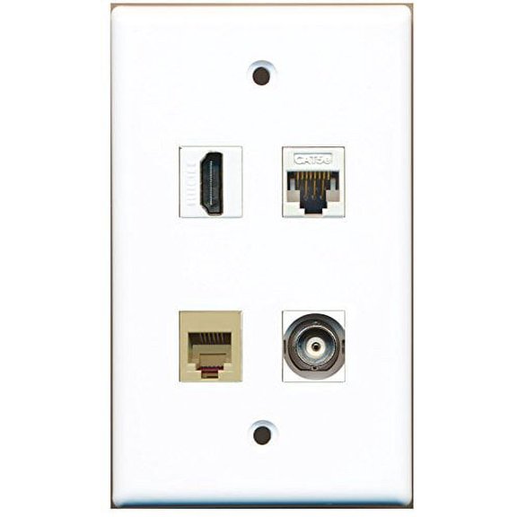 RiteAV - 1 Port HDMI 1 Port Phone RJ11 RJ12 Beige 1 Port BNC 1 Port Cat5e Ethernet White Wall Plate