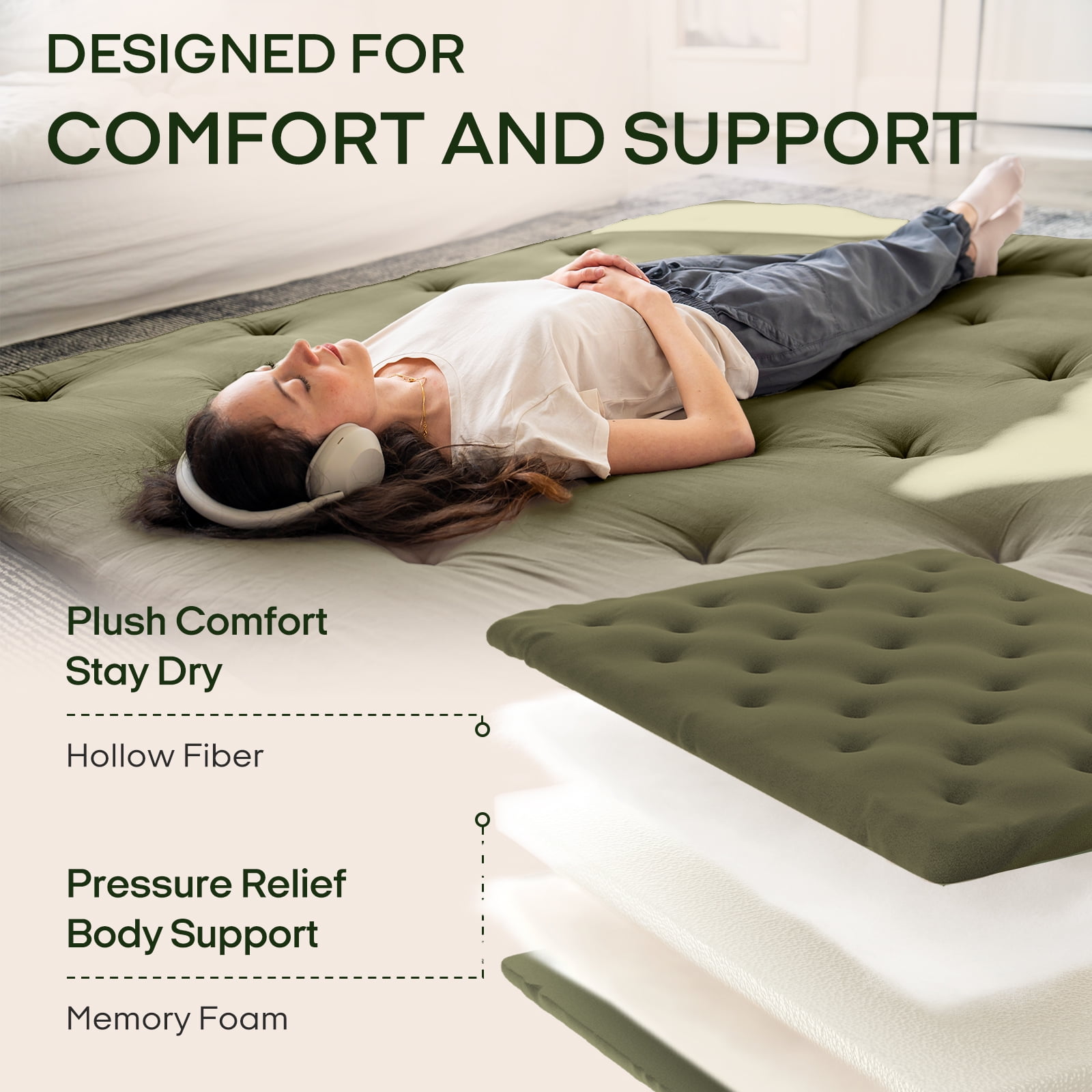 Zonli Japanese Floor Futon Mattress, 2.5" Cotton Folding Tatami Pad, Queen 80"x60", Green