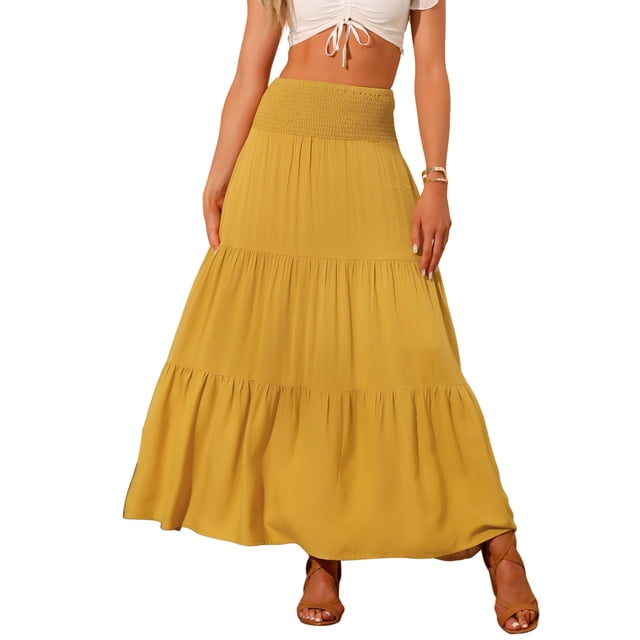 Falda Maxi Chic de Verano Inspire para Mujer, Falda Larga Bohemia de Cintura Alta Elástica XS Amarilla