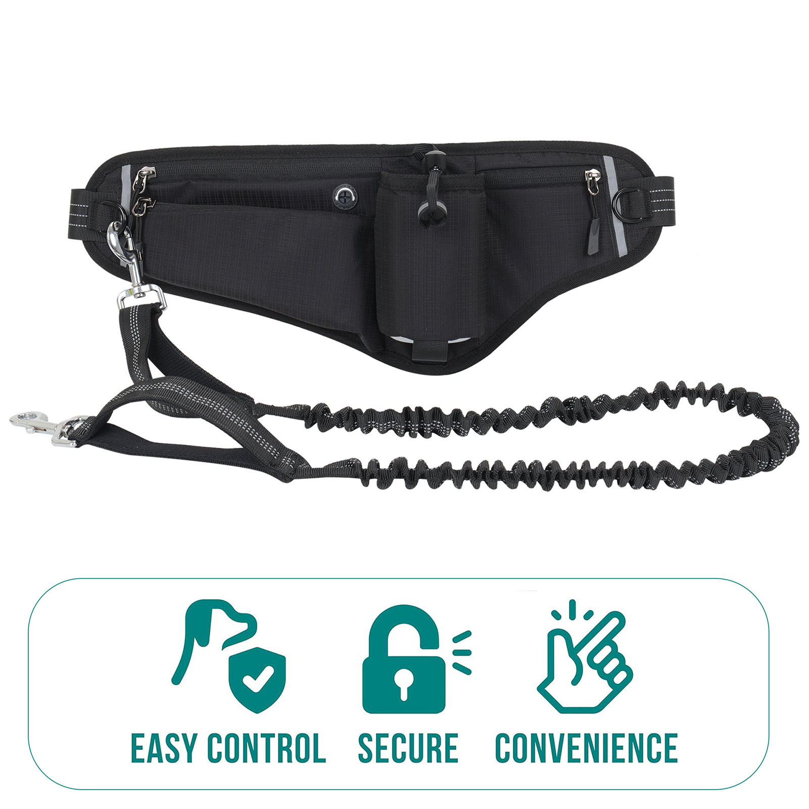 Suodoka Hands Free Dog Leash Waist Pack Water Resistant Night Reflective Large Capacity for Outdoor Dog Walking, Black (11.02 inches / 28 cm)