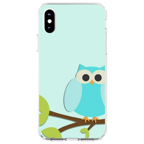 DistinctInk Clear Shockproof Hybrid Case for iPhone XR (6.1" Screen) - TPU Bumper, Acrylic Back, Tempered Glass Screen Protector - Blue Owl Cartoon - Cartoon Owls