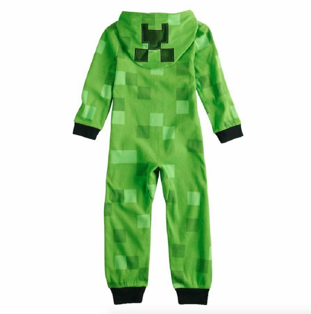 Minecraft Creeper Onesie Blue Boys Kids Hooded Zip Costume Pyjama