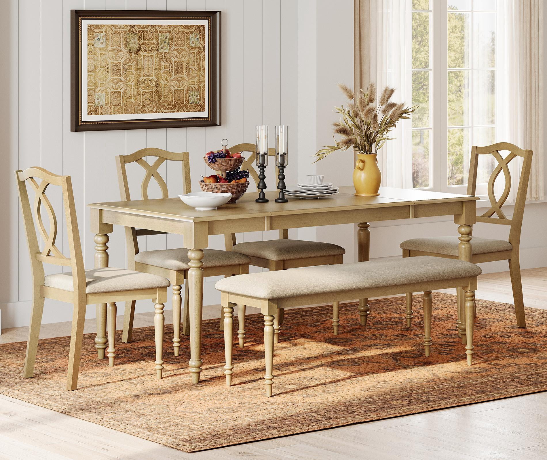 6 Piece Dining Table Set for 6-8 People - Includes One Dining Table, One Upholstered Bench, 4 Wood Dining Chairs, Rustic Dining Set for Kitchen, Oak