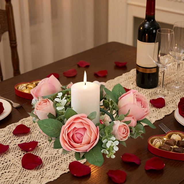 1Pcs Faux Austen Rose Garland Candle Cup Candlestick Garland Ring Decoration Plastic in Pink Natural-Looking Floral Details for Party Wedding Table Decor 7.87x7.87x1.97" JASKFLY