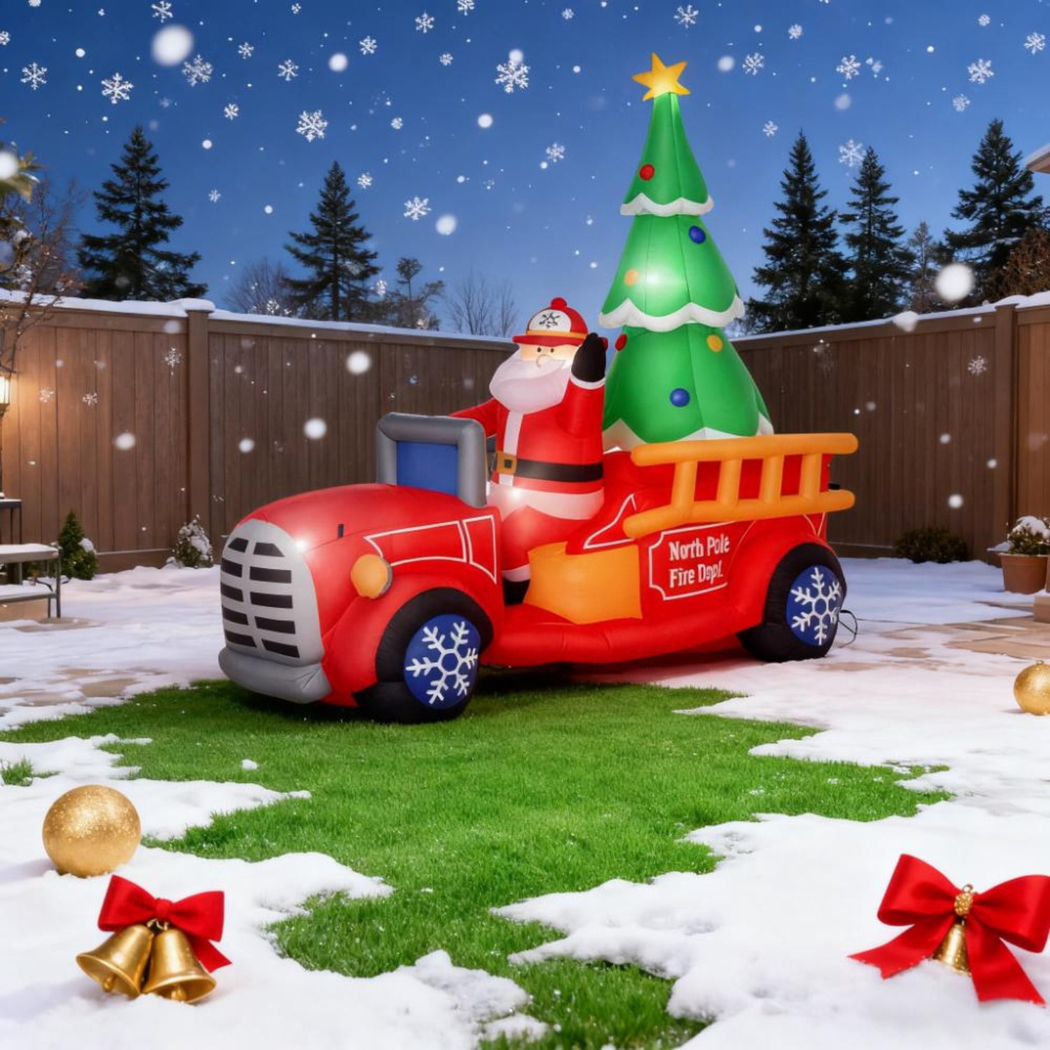 Inflatable Santa Fire Truck with Christmas Tree Outdoor Yard Decoration