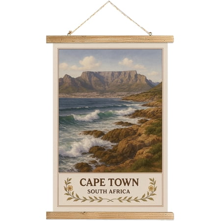 Cape Town South Africa wall art poster, vintage travel print, featuring Table Mountain and coastline, linen canvas hanging scroll with wooden frame, bedroom office exotic city decoration, 1623 inches