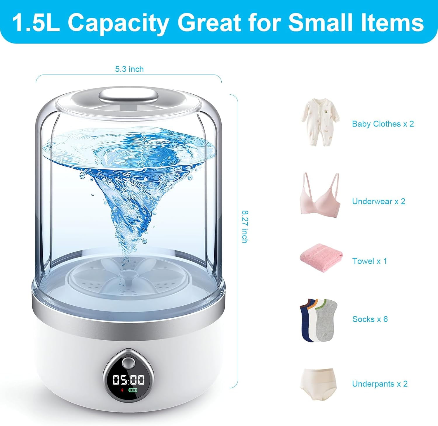 Underwear Washer, 1.4L Portable Washing Machine for Delicates & light garments, Cordless Small Laundry Machine for Baby Clothes, USB Charging Laundry Machine for Home, Apartment, RV, Camping,Travel