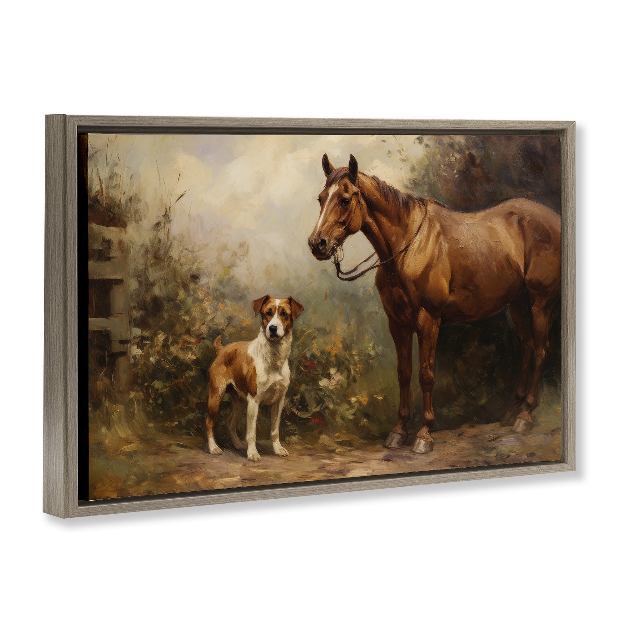 Stupell Industries Horse & Dog in Nature Landscape Painting Brown Floater Framed Canvas Art Print Wall Art, 31 x 21