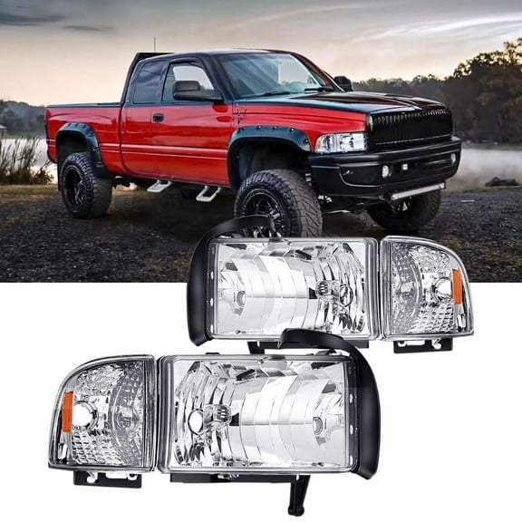 Nilight Headlights Replacement Assembly kit Compatible with 1994-2002 Ram 1500 2500 3500 Chrome Replacement,2 Pack,Driver and Passenger Set