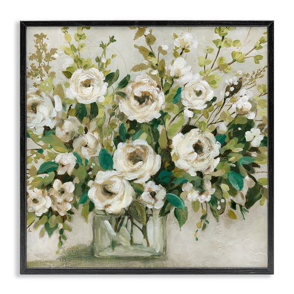Stupell Industries French Country Abstract White Rose Blossom Bouquet Floral Vase Black Framed Giclee Art, 12 x 12, by Carol Robinson