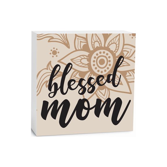 Blessed Mom Caramel Cream Floral 5 x 5 Wood Tabletop Sign Plaque