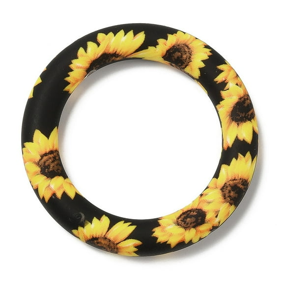 10pcs Grade Silicone Pendants Ring with Sunflower Pattern Black 65x10mm Hole: 4mm