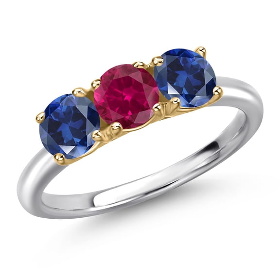 Gem Stone King 925 Silver and 10K Yellow Gold Red Created Ruby and Blue Created Sapphire Engagement Ring for Women | 1.80 Cttw | Round 5MM | Gemstone July Birthstone | Size 8