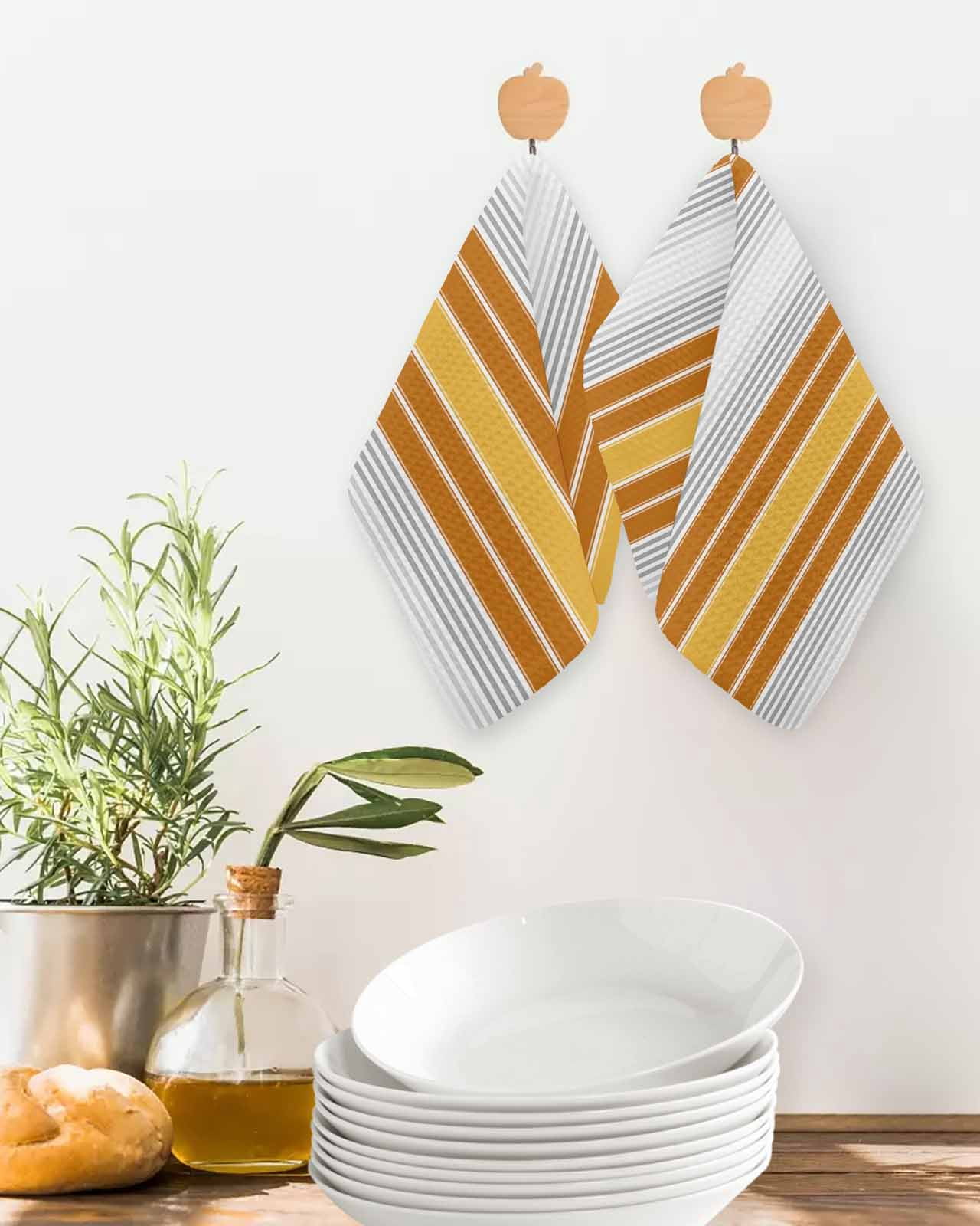 Orange Stripes Kitchen Dish Towels for Drying Dishes Set of 3, Modern Farmhouse Simple Vertical Lines Waffle Weave Microfiber Terry Hand Tea Bathroom Towels Quick Dry & Absorbent Towel 12x12