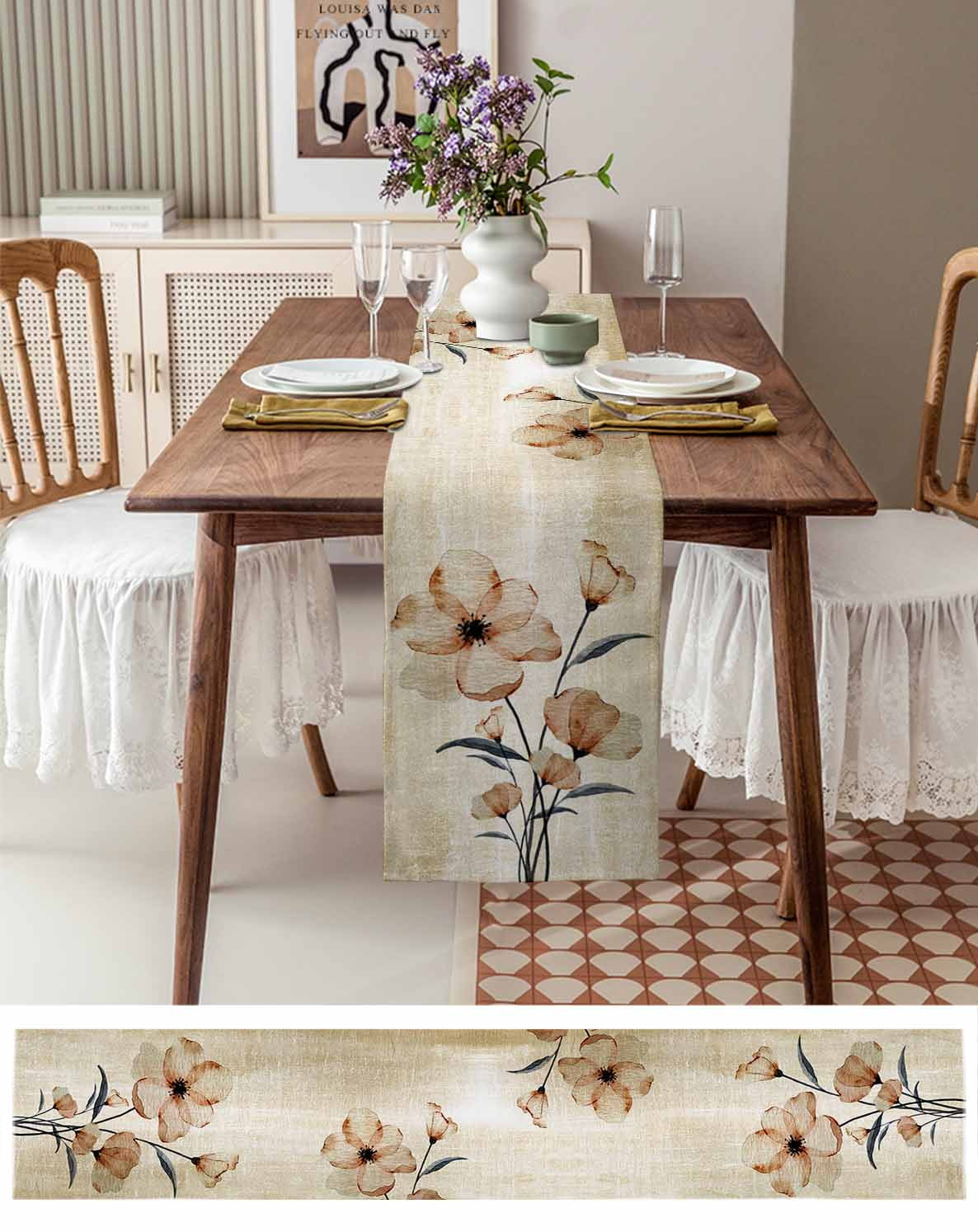 Table Runner Dresser Scarf 14 x 72 Inch Abstract Gradient Brown Flowers Floral Table Runners Non-Slip Heat Kitchen Dining Table Decor for Indoor Outdoor Home Party Decoration