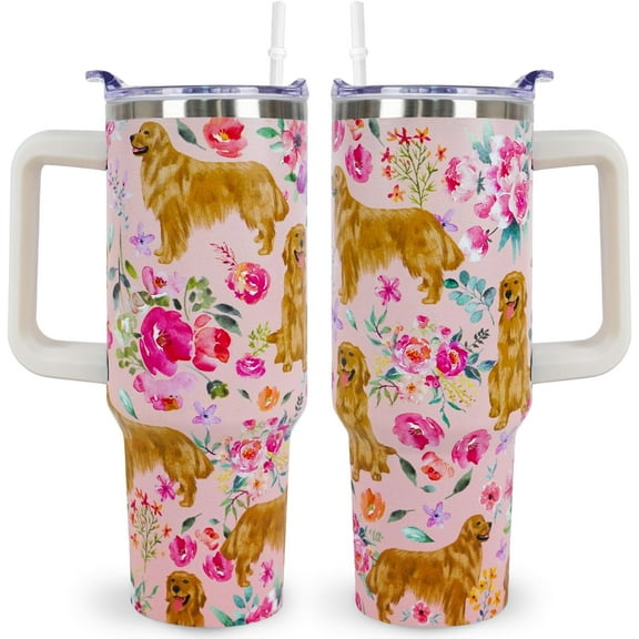 Golden Retriever Tumbler for Women, 40oz Insulated Stainless Steel Travel Mug with Lid & Straw, Cute Dog Themed Coffee Cup & Water Bottle Gift