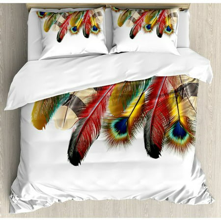 Ambesonne Feather House Mystical Esoteric Peacock Feathers Deep Universal Link Icons Boho Theme Duvet Cover (Best Non Feather Duvet)