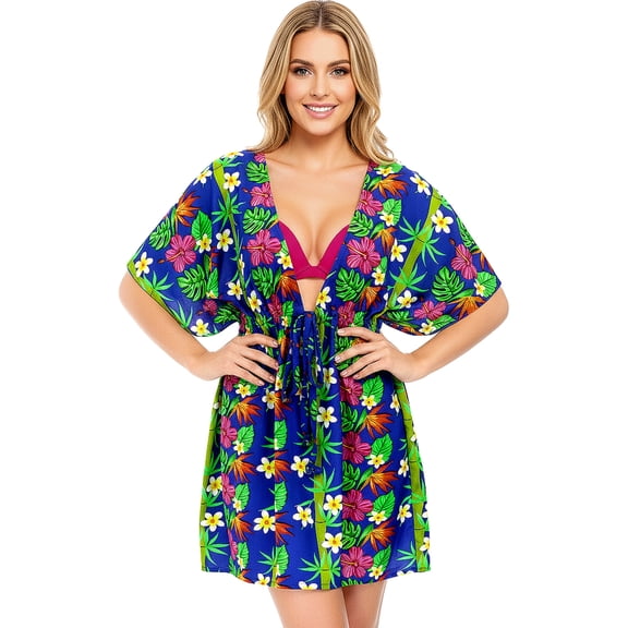 HAPPY BAY Women's Mini Beach Tropical Dress Swimsuit V Neck Tops Cover Ups for Swimwear Women XL-XXL Dodger, Floral Hibiscus Bamboo Tree