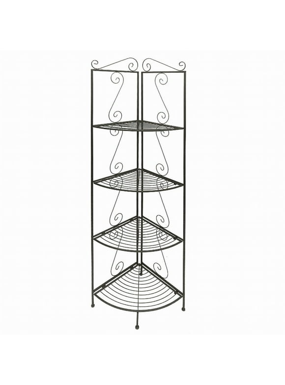 Four Tier Metal Foldable Corner Bookcase With Decorative Scrolled Details, Black
