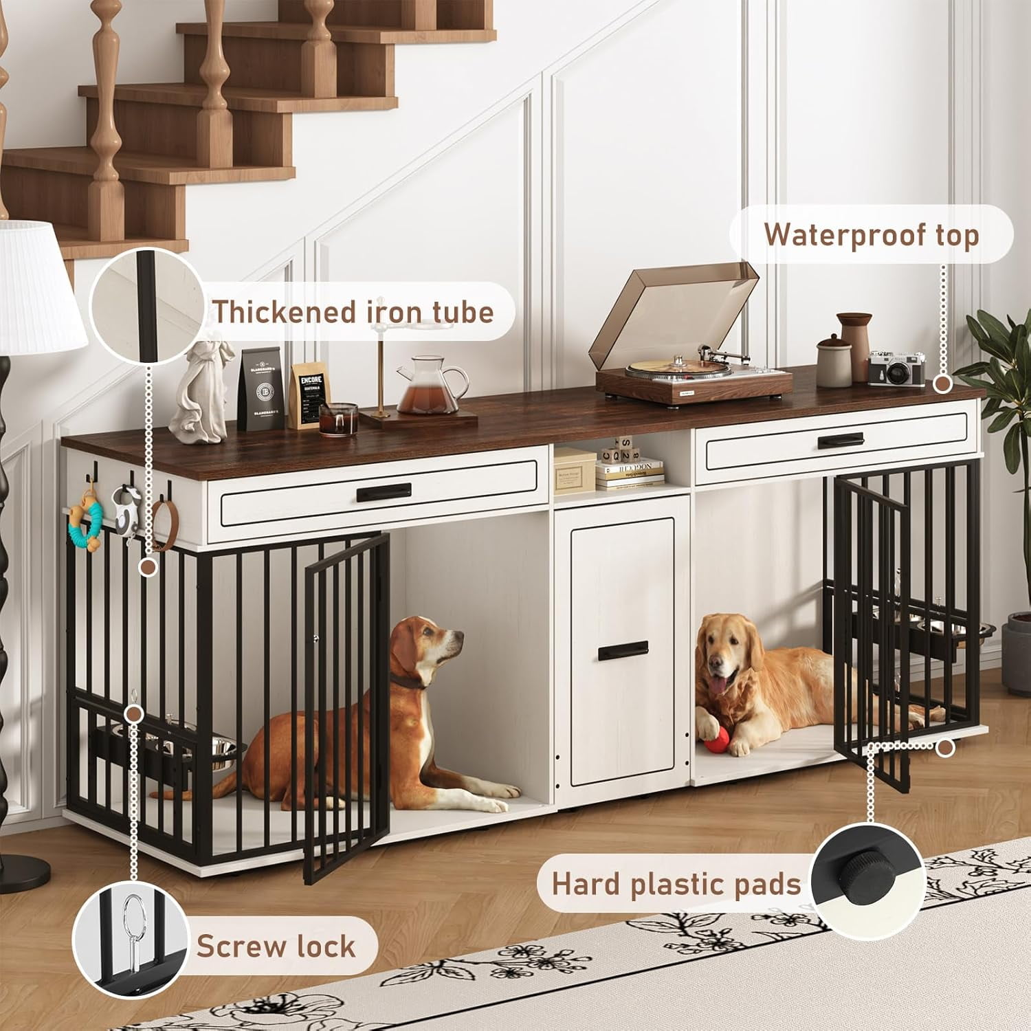 ChVans 86.6" Dog Crate Furniture TV Stand for Large Breed Dogs, Wooden Kennel with Dual rooms, Dog Bowl, 2 Drawers &  Cabinet for Medium-Large Dogs