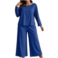 thumbnail image 4 of Hzzrkos Women Casual Plus Size Loose Solid Color Round Neck Long Sleeve Two Piece Wide Leg Loungewear Pajama Set, Soft Relaxed Sleepwear Outfit For Indoor Daily Rest Blue XXL, 4 of 8