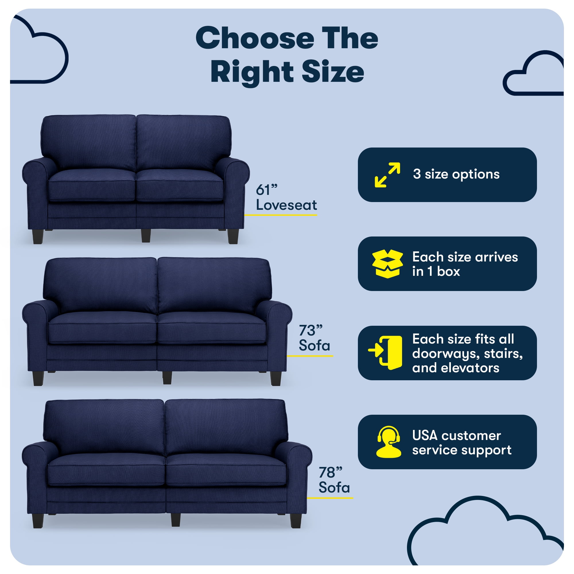 Serta Copenhagen 73" Rolled Arm Sofa, Easy Care Polyester, Loveseat or Couch for Small Spaces, Navy Blue