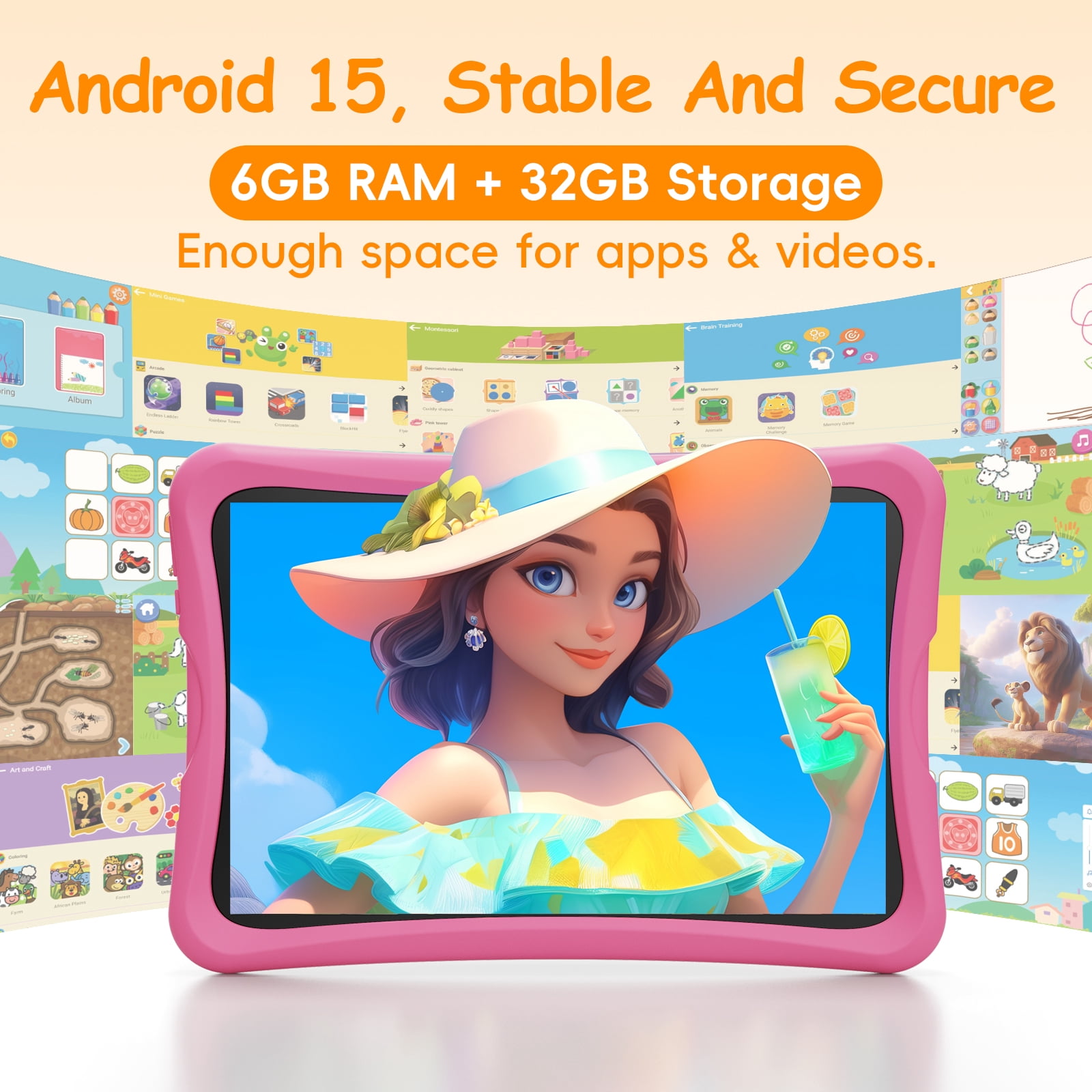 10.1" Android 15 Kids Tablet, 6GB+32GB & Dual Camera Tablet for Kid, 6000mAh，Eyesight-Protecting, Parent Control Child Education Tablet with WiFi(Pink)