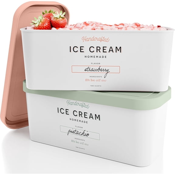 Set of 2 Reusable Ice Cream Tub Containers 2 Quart Each - Perfect for Homemade Sorbet, Frozen Yogurt Or Gelato - Stackable Storage Containers, Stickers And Lids Stores Easily In Freezer