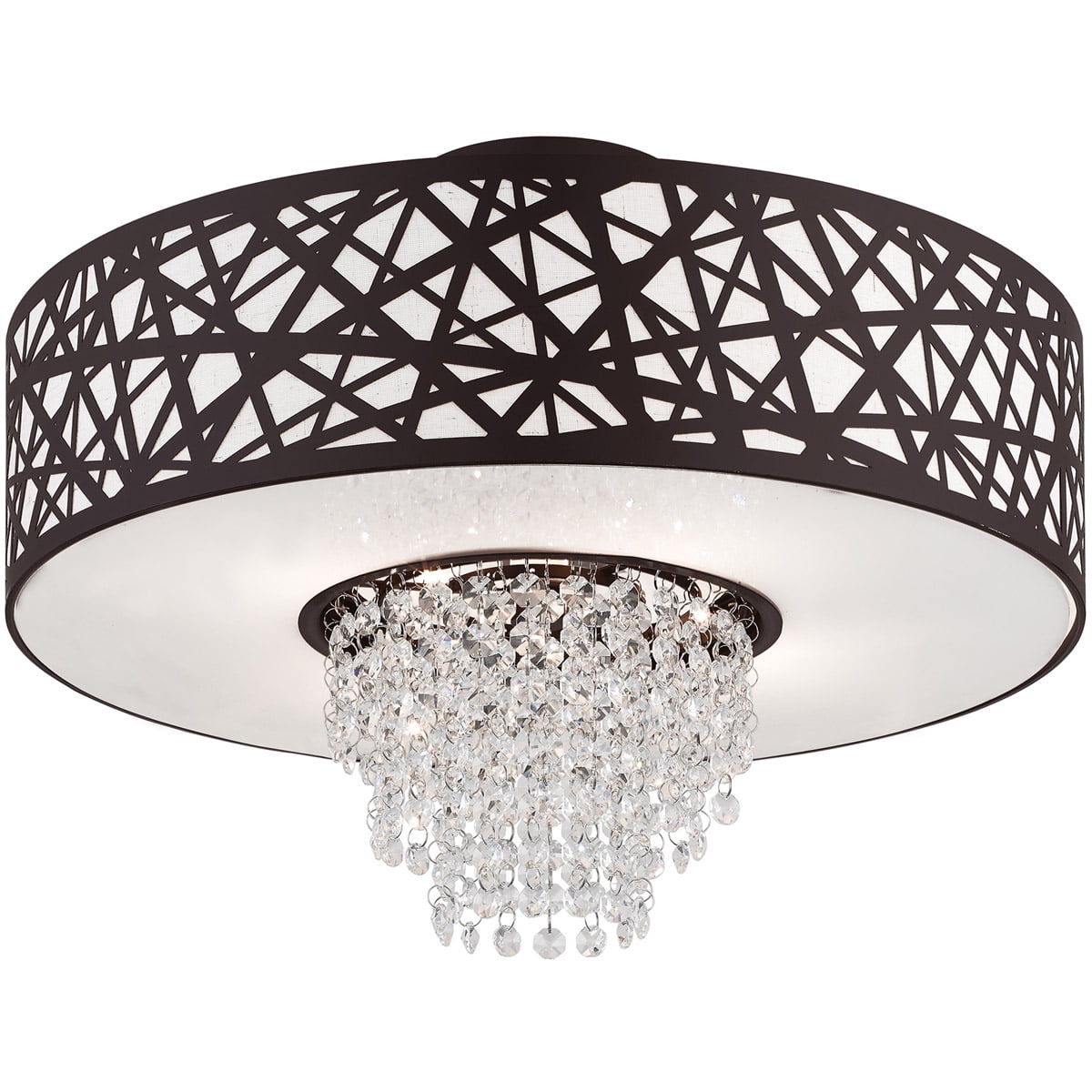 4 Light Bronze Ceiling Light fixture with Oatmeal Color Fabric Hardback Inside & Clear Crystals Shade