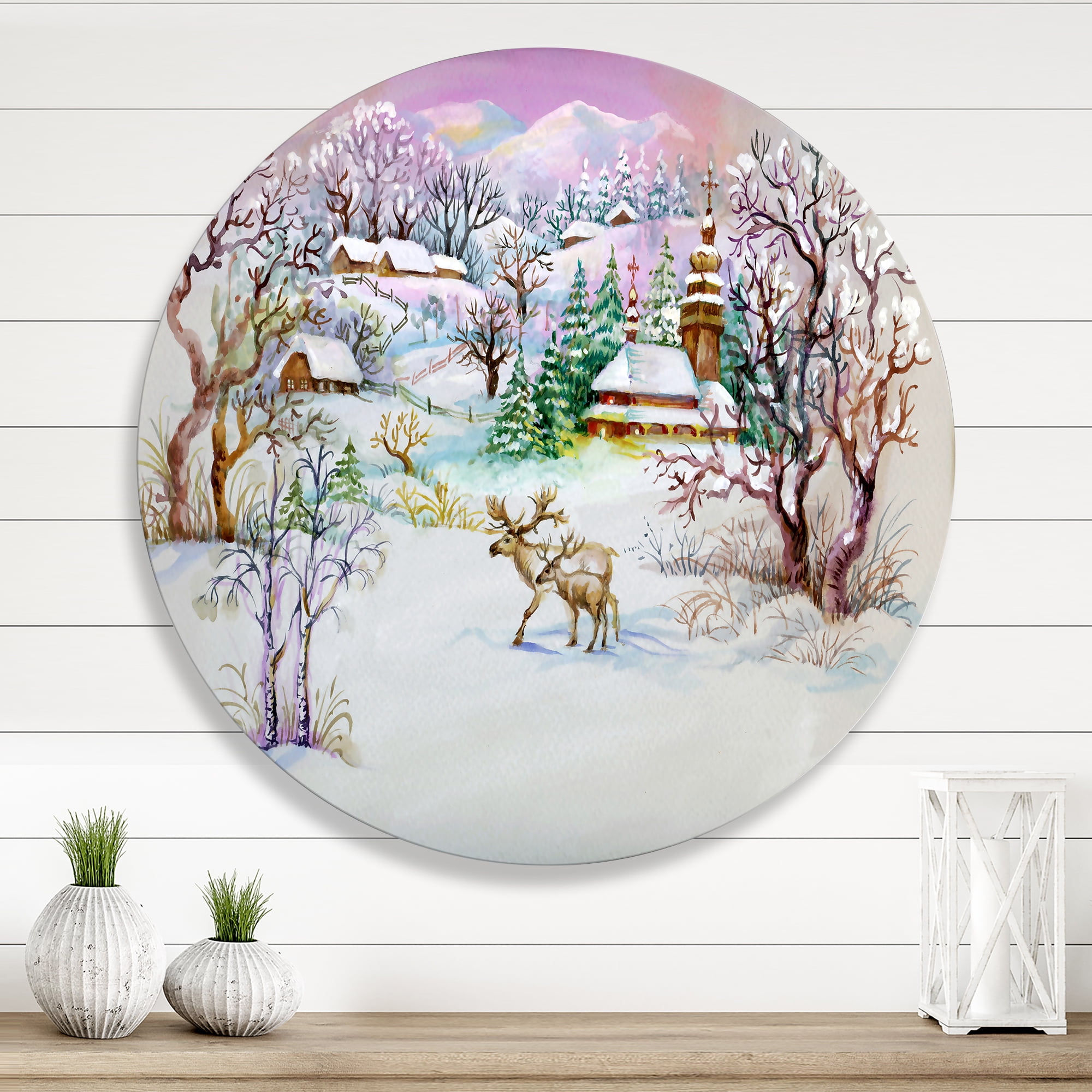 Designart 'Winter VIllage Life Landscape' Traditional Circle Metal Wall Art 23x23 - Disc of 23