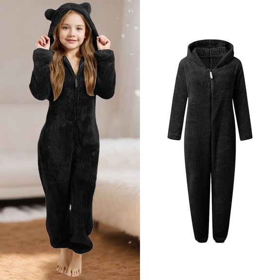 Kids Onesie Pajamas Bear Hooded Onesie Black Pajamas for Girls Warm Zipper Kids Onesie Sleepsuits Christmas Pajamas Kids 9-10 Years