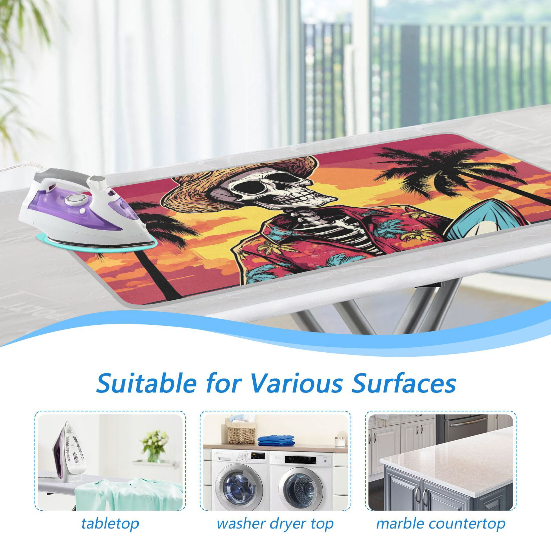 Skeleton with Surfboard on Sunset Beach Ironing Mat Blanket Portable Travel Ironing Pad Heat Resistant Pad 47.2" x 27.6”