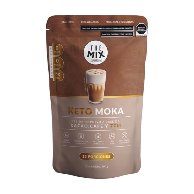 Keto Moka Latte Sin Azúcar | Bebida en Polvo con Café, Cacao y TCM | Vegano | 300 g | 15 Porciones | THE MIX SUPERFOODS