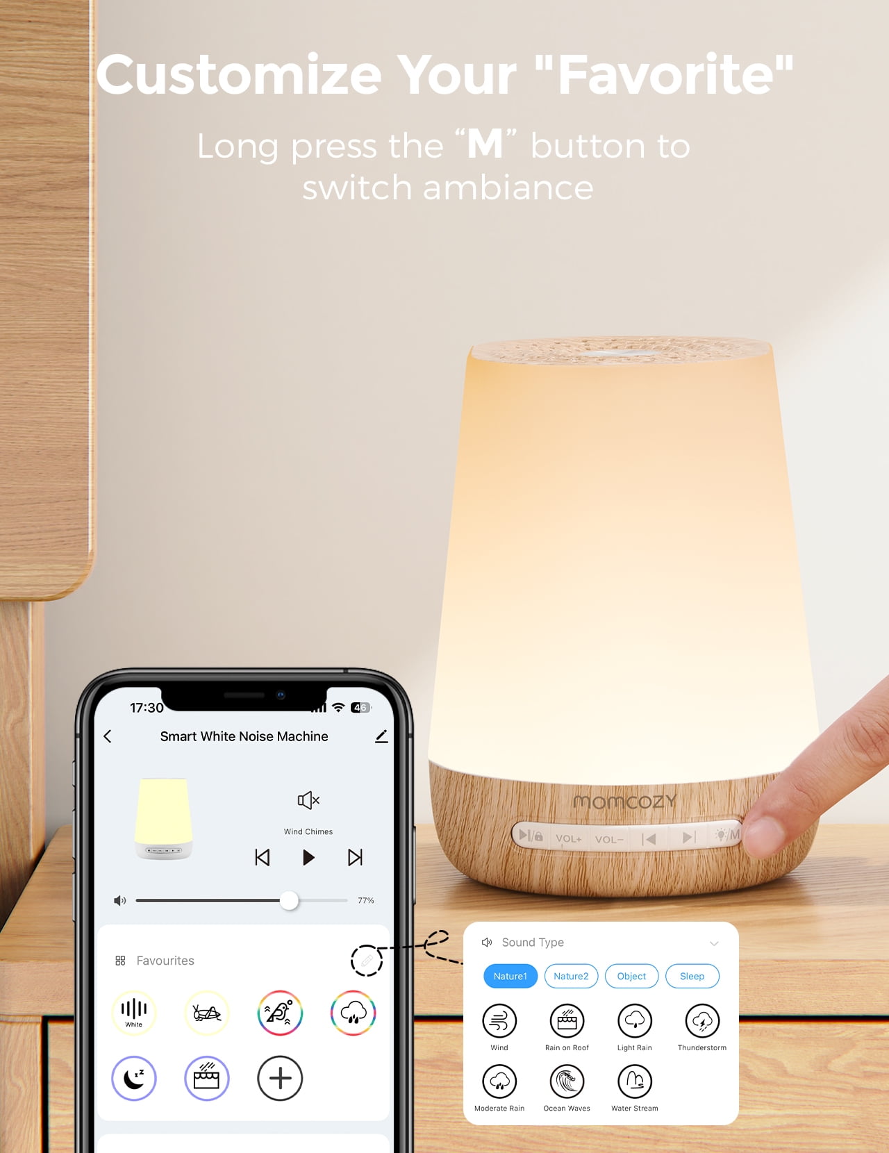Momcozy White Noise Machine for Baby Sleeping with Night Light, Toddler Sleep Trainer with 34 Soothing Sounds, Timer, App Remote Control,Wood Grain
