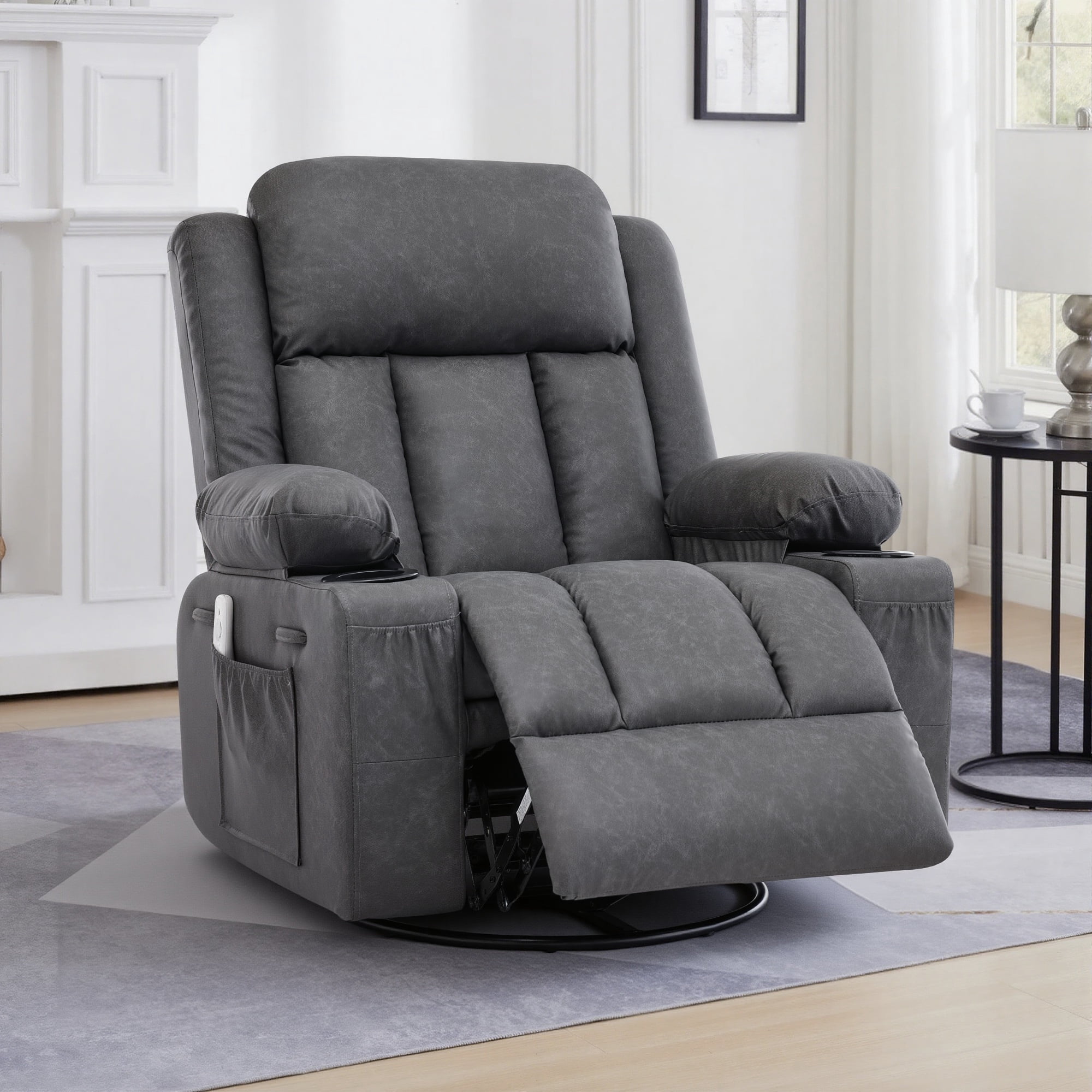 GAOHAPY Rocker Recliner Chair with Heat and Massage,360°Swivel Recliner Chair for Adults Elderly,Oversized Recliner Single Sofa Seat with 2 Cup Holders and Side Pocket(Grey)