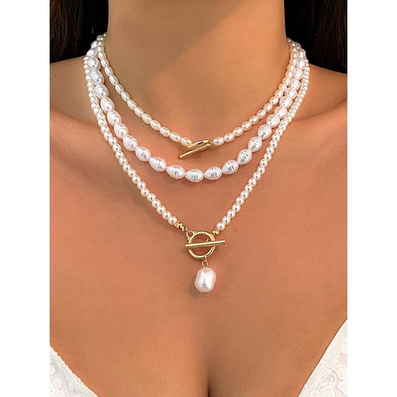 White Multi-Strand Faux Pearl Layered Necklace Set With Goldtone Toggle Clasp For Women