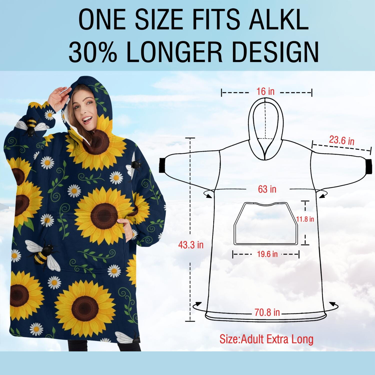 Oversized Wearable Blanket Hoodie,DarkBlue Sunflower Bee Pattern Sherpa Blanket Hoodie with Super Pockets,Super Warm Fuzzy Pullover for Women & Men